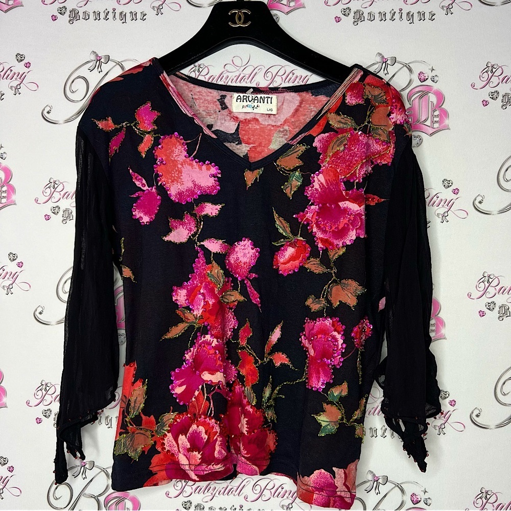 Arvanti scarf sleeve shirt y2k vintage sparkly sequin embroidered shiny floral